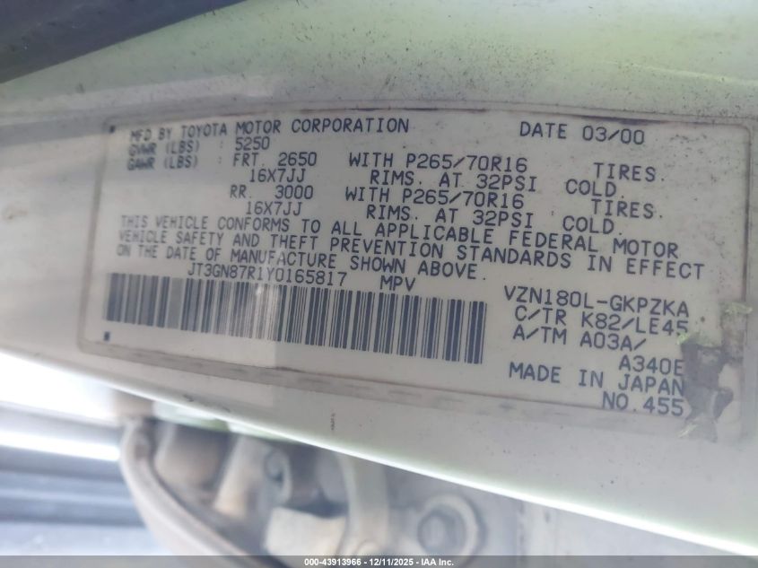 2000 Toyota 4Runner Limited V6 VIN: JT3GN87R1Y0165817 Lot: 43913966