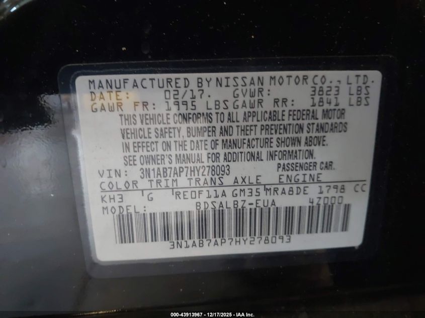 2017 Nissan Sentra S VIN: 3N1AB7AP7HY278093 Lot: 43913967