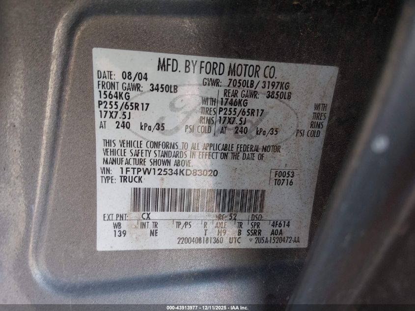 2004 Ford F-150 Lariat/Xlt VIN: 1FTPW12534KD83020 Lot: 43913977