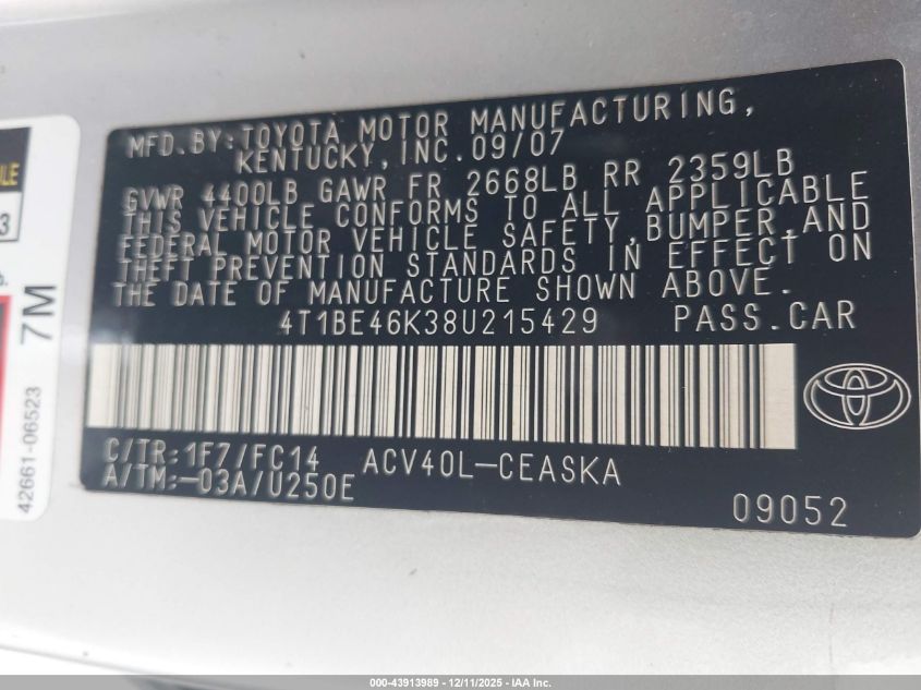 2008 Toyota Camry Le VIN: 4T1BE46K38U21542 Lot: 43913989