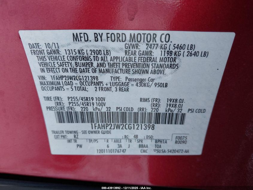 2012 Ford Taurus Limited VIN: 1FAHP2JW2CG121398 Lot: 43913992