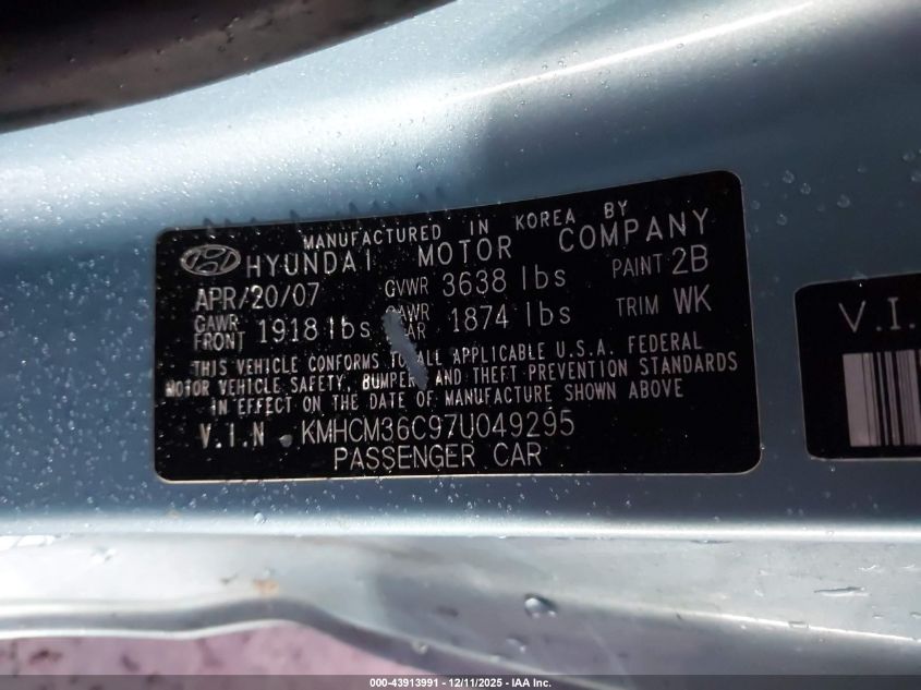 2007 Hyundai Accent Gs VIN: KMHCM36C97U049295 Lot: 43913991