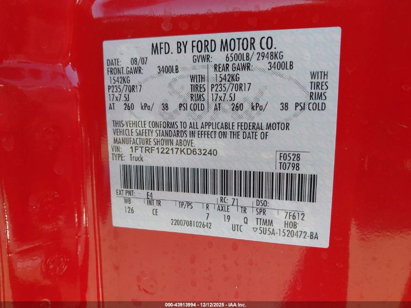2007 Ford F-150 Stx/Xl/Xlt VIN: 1FTRF12217KD63240 Lot: 43913994
