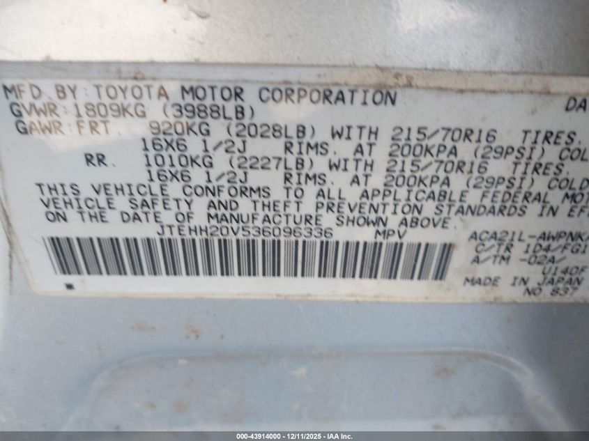 2003 Toyota Rav4 VIN: JTEHH20V536096336 Lot: 43914000