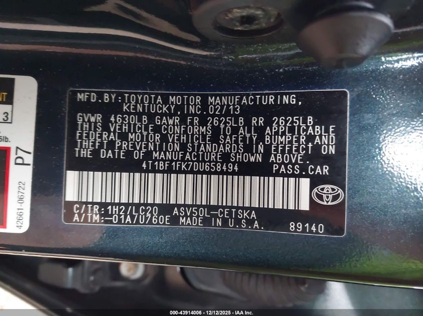 2013 Toyota Camry Se VIN: 4T1BF1FK7DU658494 Lot: 43914006