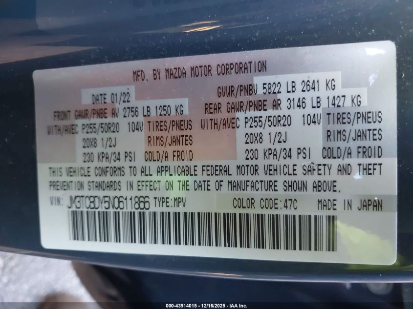 2022 Mazda Cx-9 Carbon Edition VIN: JM3TCBDY5N0611866 Lot: 43914015