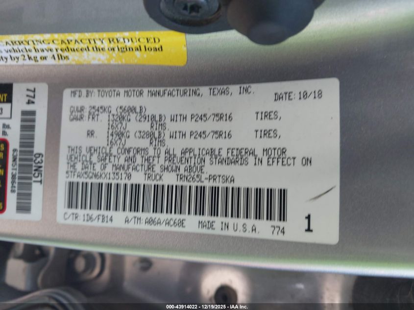 2019 Toyota Tacoma Sr VIN: 5TFAX5GN6KX135170 Lot: 43914022