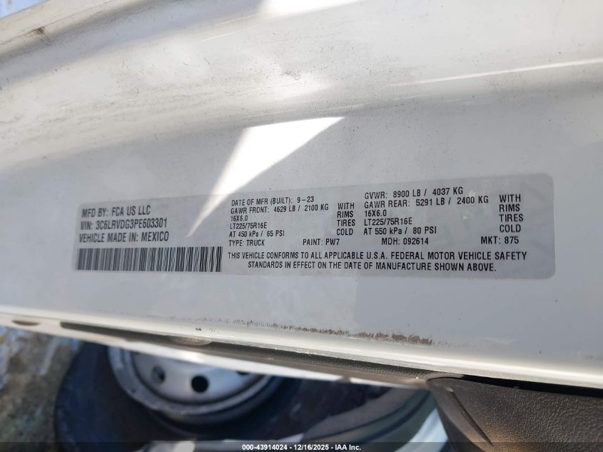 2023 Ram Promaster 2500 High Roof 159 Wb VIN: 3C6LRVDG3PE603301 Lot: 43914024