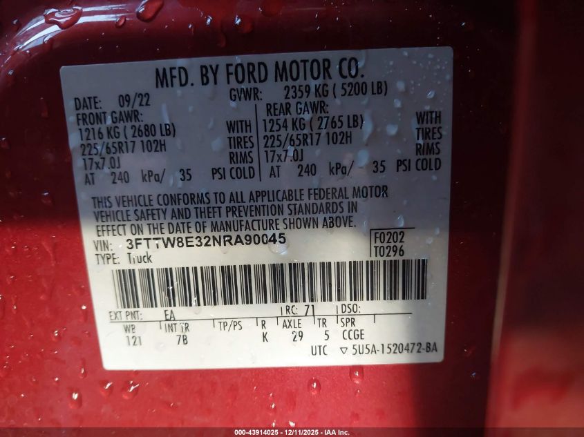 2022 Ford Maverick Xlt VIN: 3FTTW8E32NRA90045 Lot: 43914025