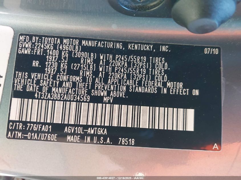 2010 Toyota Venza VIN: 4T3ZA3BB2AU034569 Lot: 43914027