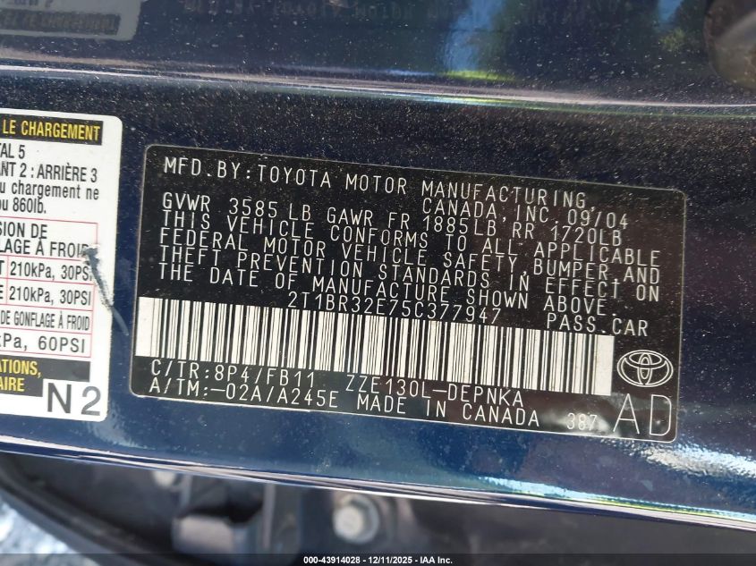 2005 Toyota Corolla Le VIN: 2T1BR32E75C377947 Lot: 43914028