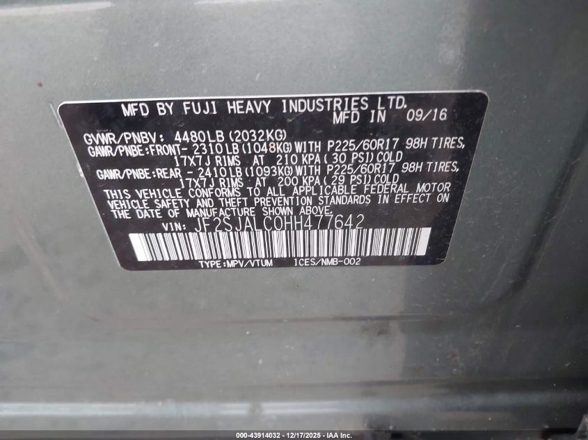 2017 Subaru Forester 2.5I Limited VIN: JF2SJALC0HH477642 Lot: 43914032