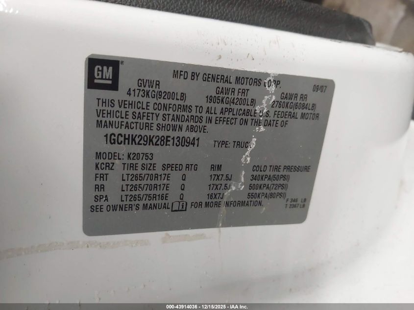 2008 Chevrolet Silverado 2500Hd Lt2 VIN: 1GCHK29K28E130941 Lot: 43914036