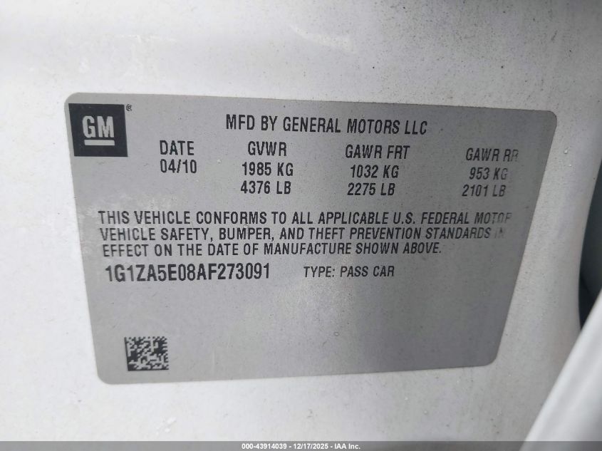 2010 Chevrolet Malibu Ls VIN: 1G1ZA5E08AF273091 Lot: 43914039