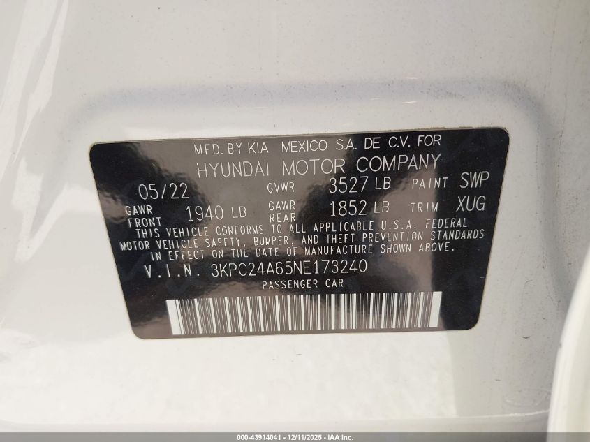 2022 Hyundai Accent Sel VIN: 3KPC24A65NE173240 Lot: 43914041