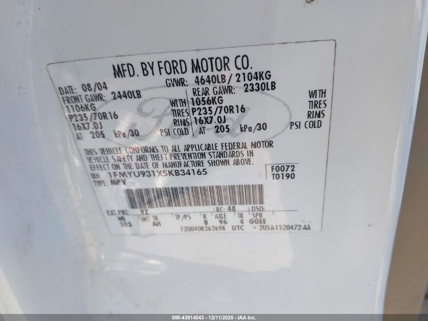 2005 Ford Escape Xlt VIN: 1FMYU931X5KB34165 Lot: 43914043