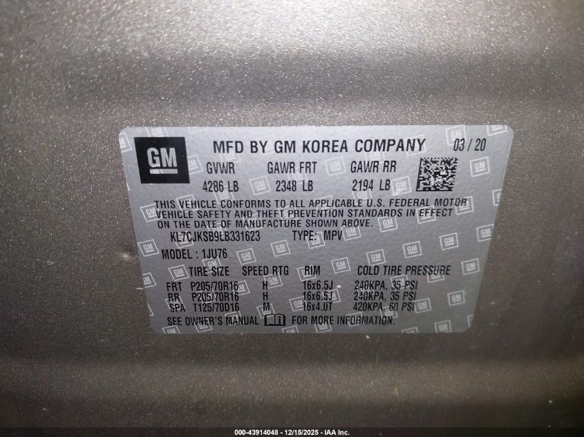 2020 Chevrolet Trax Fwd Ls VIN: KL7CJKSB9LB331623 Lot: 43914048