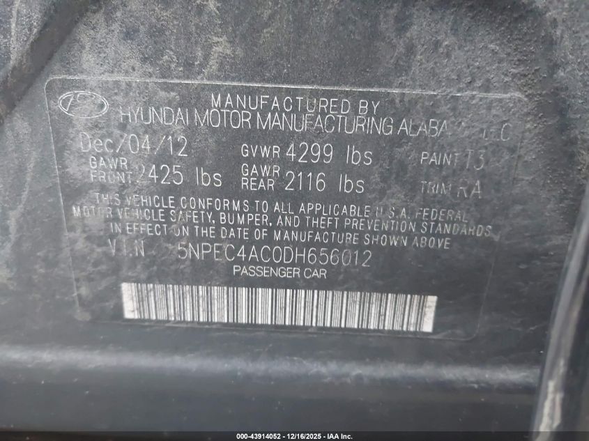 2013 Hyundai Sonata Se VIN: 5NPEC4AC0DH656012 Lot: 43914052