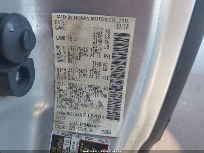 2019 Nissan Frontier S VIN: 1N6BD0CTXKN718404 Lot: 43914053