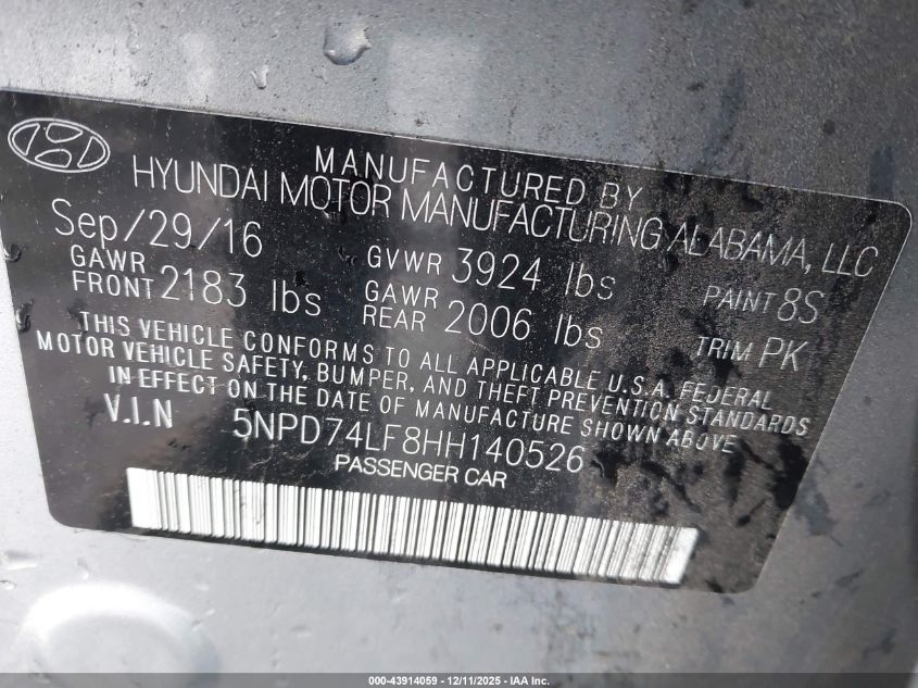 2017 Hyundai Elantra Se VIN: 5NPD74LF8HH140526 Lot: 43914059