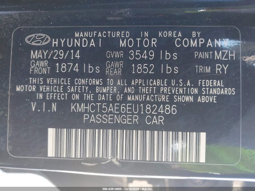 2014 Hyundai Accent Gs VIN: KMHCT5AE6EU182486 Lot: 43914065