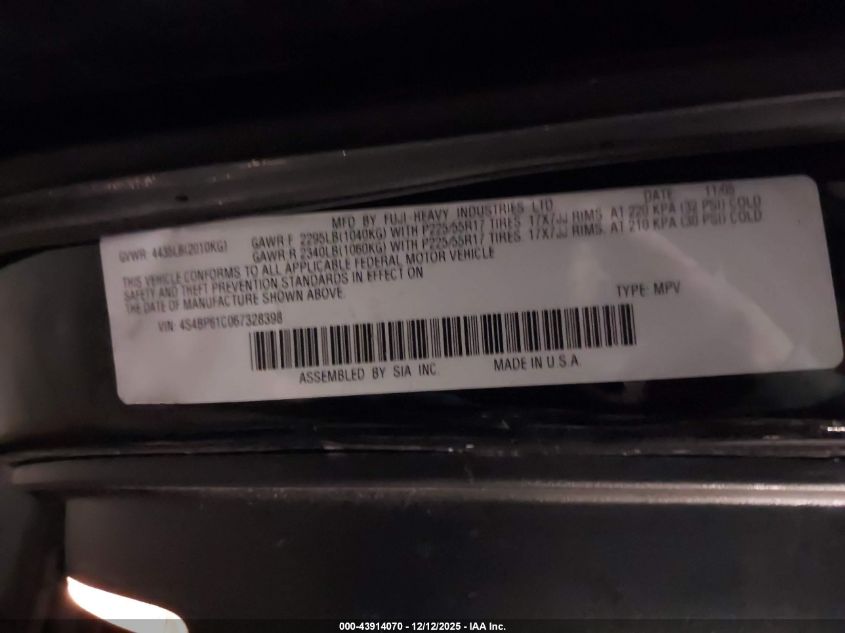 2006 Subaru Outback 2.5I VIN: 4S4BP61C067328398 Lot: 43914070