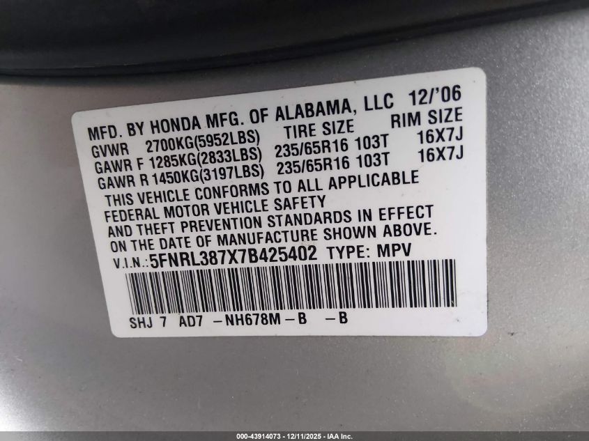 2007 Honda Odyssey Ex-L VIN: 5FNRL387X7B425402 Lot: 43914073