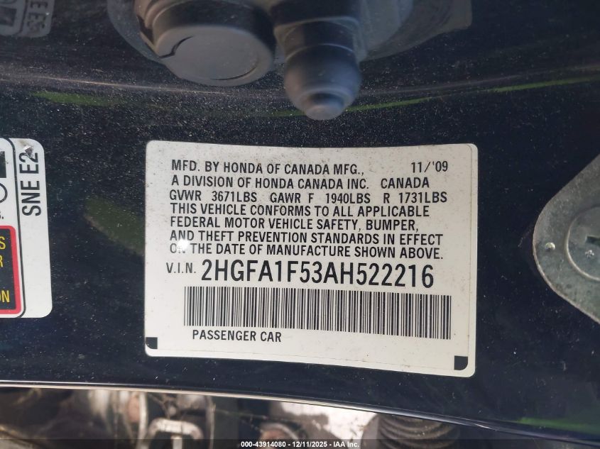 2010 Honda Civic Lx VIN: 2HGFA1F53AH522216 Lot: 43914080