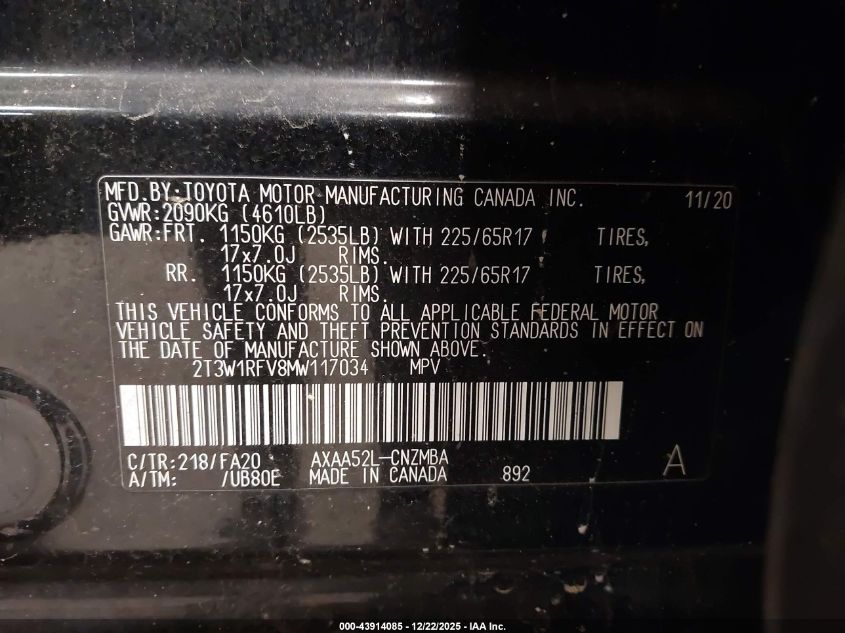 2021 Toyota Rav4 Xle VIN: 2T3W1RFV8MW117034 Lot: 43914085