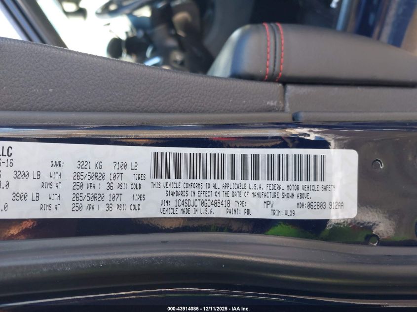 2016 Dodge Durango R/T VIN: 1C4SDJCT0GC485418 Lot: 43914086