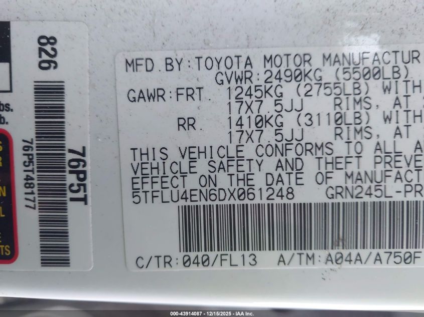 2013 Toyota Tacoma Base V6 VIN: 5TFLU4EN6DX061248 Lot: 43914087