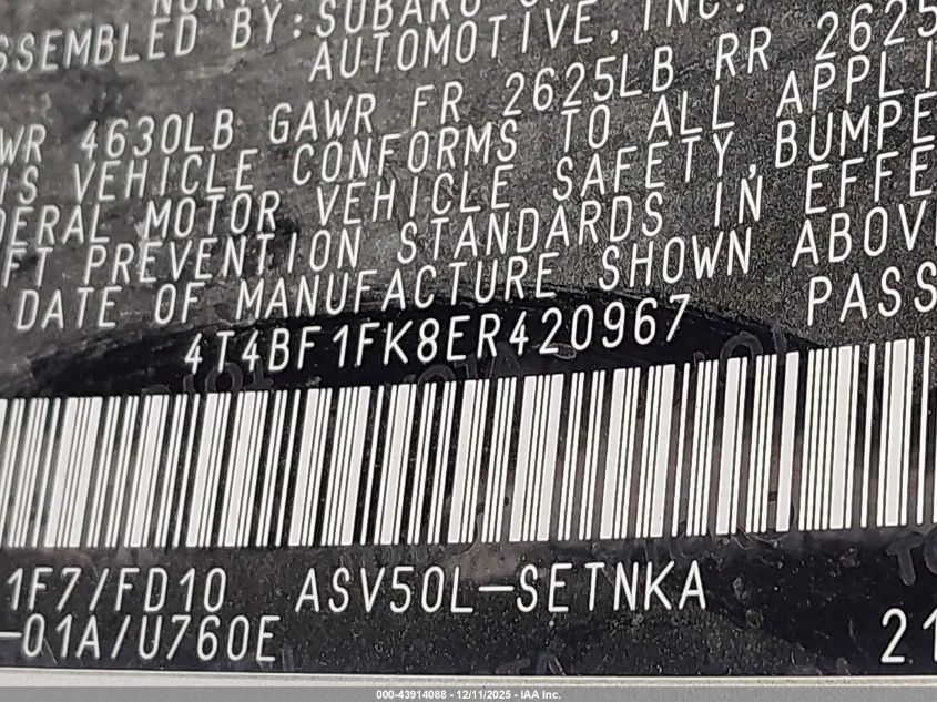 2014 Toyota Camry Le VIN: 4T4BF1FK8ER420967 Lot: 43914088