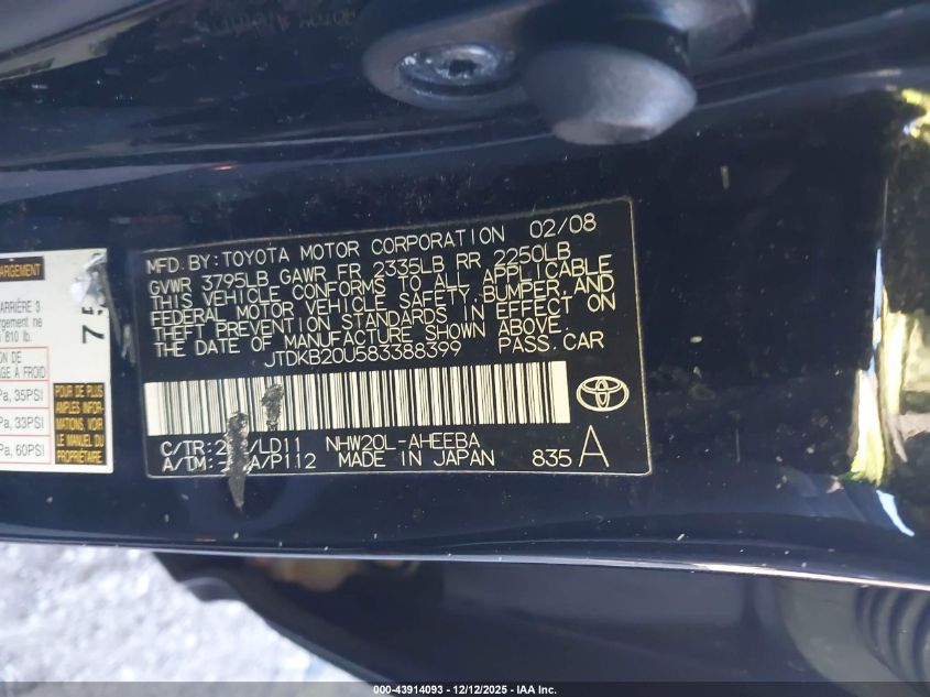 2008 Toyota Prius VIN: JTDKB20U583388399 Lot: 43914093