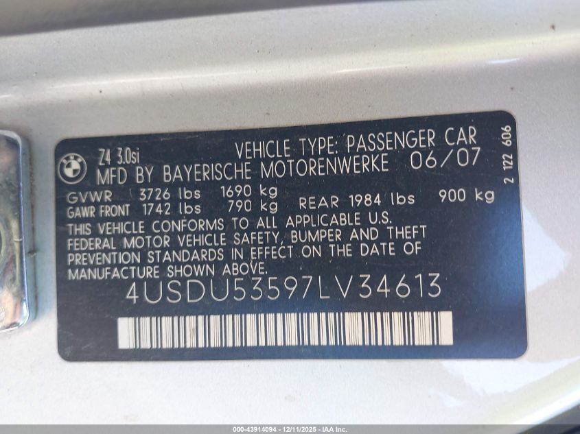 2007 BMW Z4 3.0Si VIN: 4USDU53597LV34613 Lot: 43914094