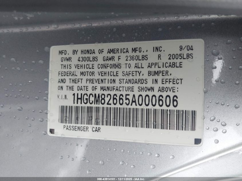 2005 Honda Accord 3.0 Ex VIN: 1HGCM82665A000606 Lot: 43914101