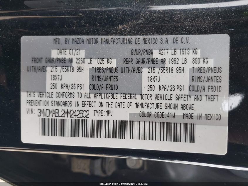 2021 Mazda Cx-30 Select VIN: 3MVDMABL2MM242602 Lot: 43914107