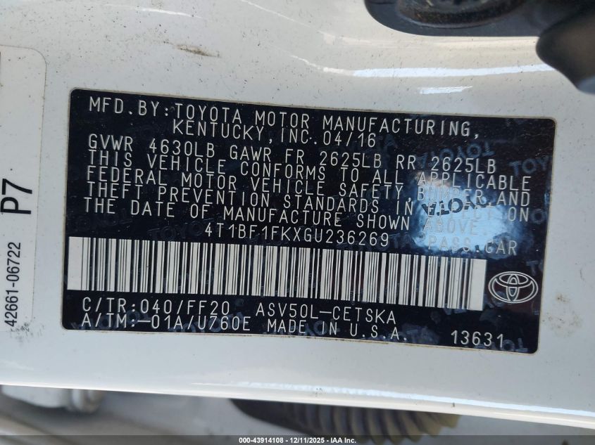 2016 Toyota Camry Se VIN: 4T1BF1FKXGU236269 Lot: 43914108