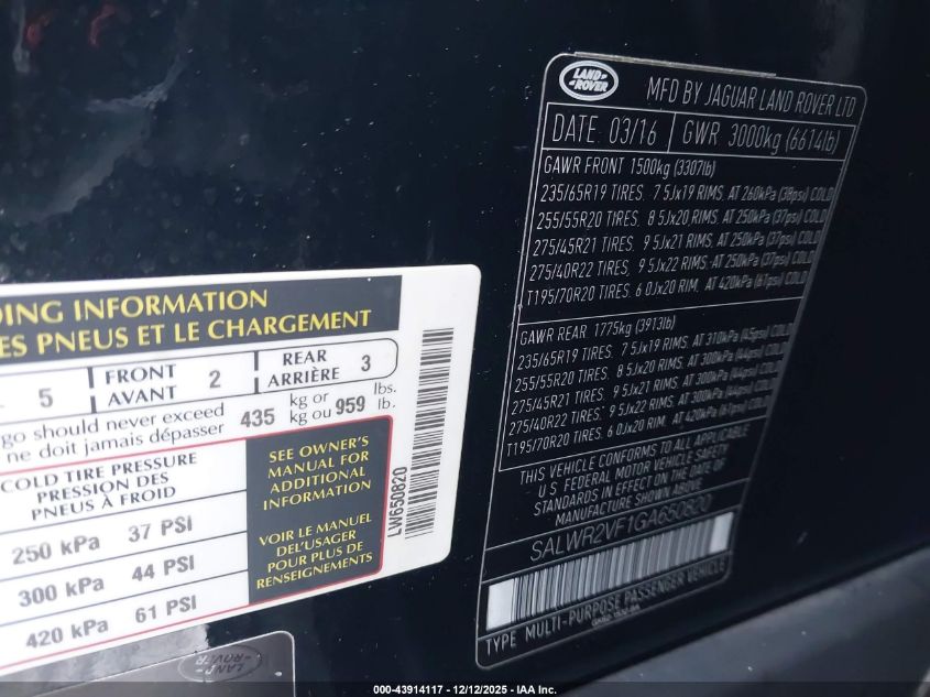 2016 Land Rover Range Rover Sport 3.0L V6 Supercharged Hse VIN: SALWR2VF1GA650820 Lot: 43914117