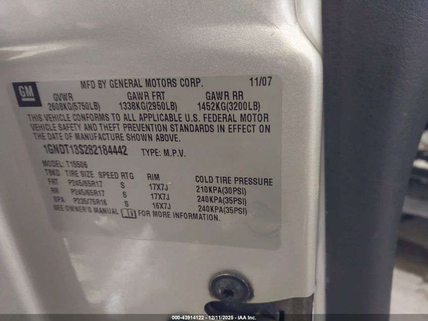 2008 Chevrolet Trailblazer Lt VIN: 1GNDT13S282184442 Lot: 43914122