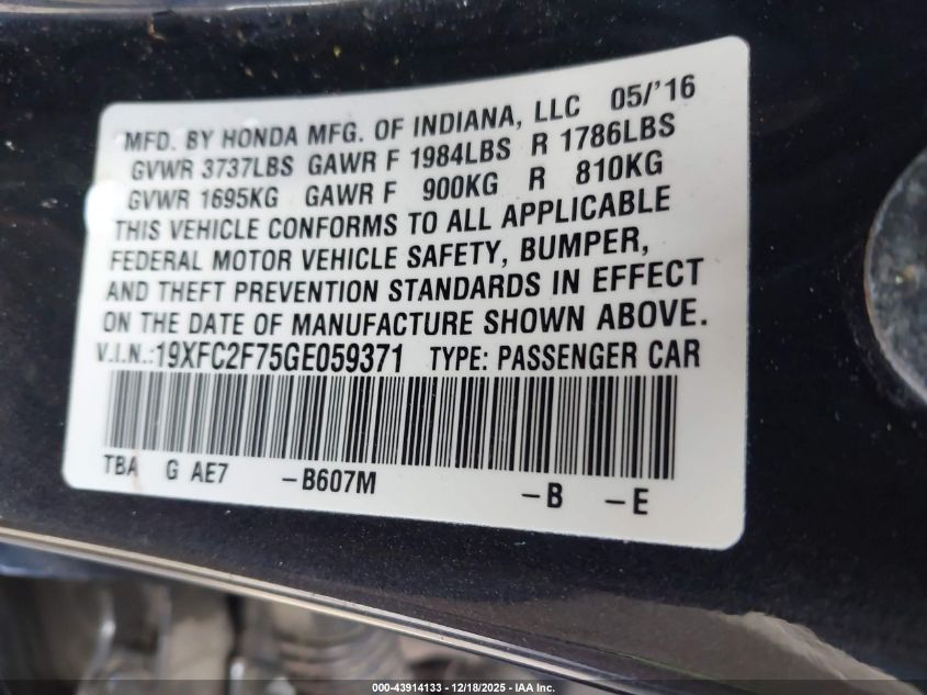 2016 Honda Civic Ex VIN: 19XFC2F75GE059371 Lot: 43914133