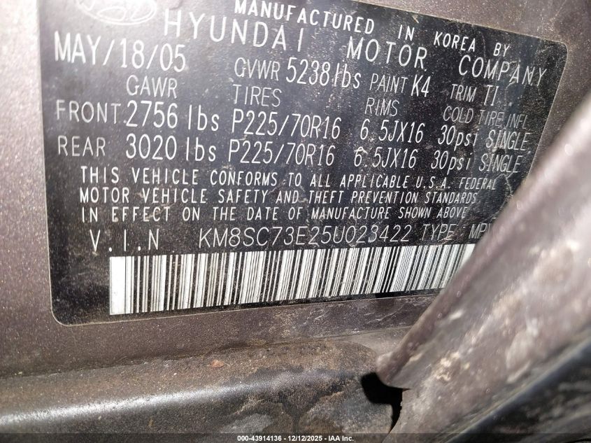 2005 Hyundai Santa Fe Gls/Lx VIN: KM8SC73E25U023422 Lot: 43914136