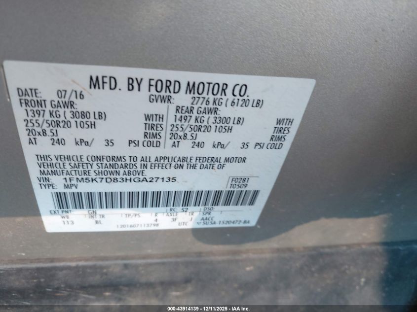 2017 Ford Explorer Xlt VIN: 1FM5K7D83HGA27135 Lot: 43914139