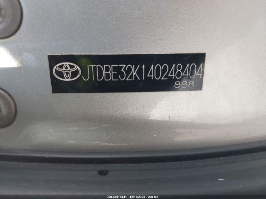 2004 Toyota Camry Le VIN: JTDBE32K140248404 Lot: 43914141