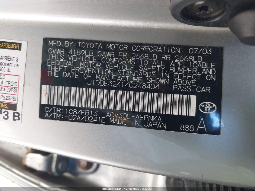 2004 Toyota Camry Le VIN: JTDBE32K140248404 Lot: 43914141