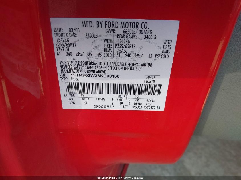 2006 Ford F-150 Stx/Xlt VIN: 1FTRF02W36KD00166 Lot: 43914148