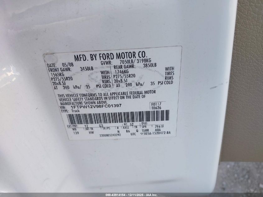 2008 Ford F-150 60Th Anniversary/Fx2/King Ranch/Lariat/Xlt VIN: 1FTPW12V98FC01397 Lot: 43914154