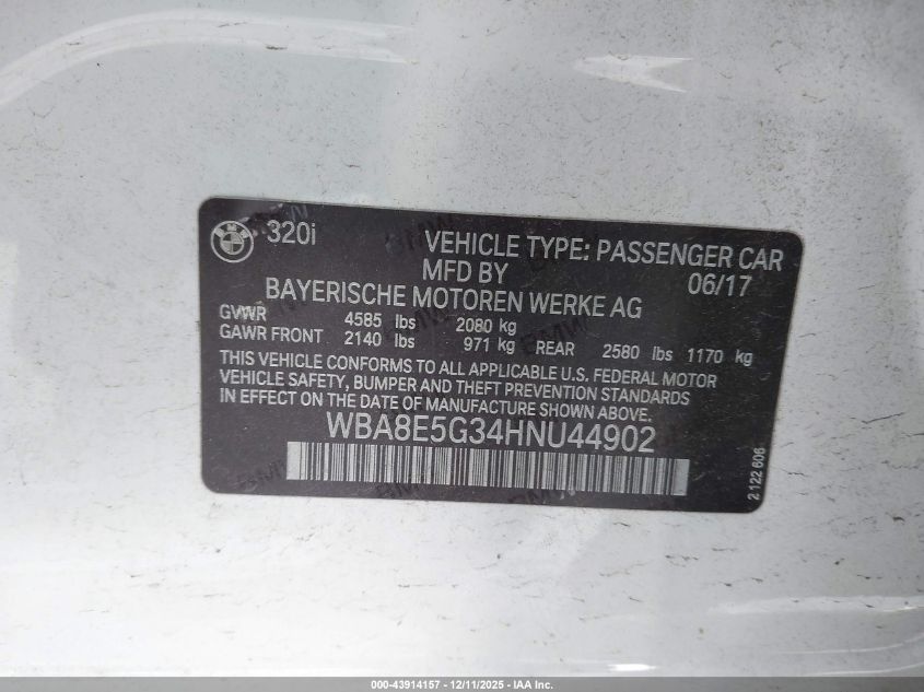 2017 BMW 320I xDrive VIN: WBA8E5G34HNU44902 Lot: 43914157