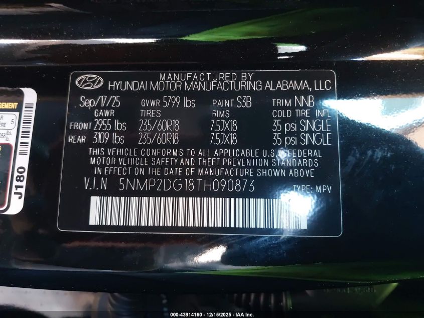 2026 Hyundai Santa Fe Hybrid Sel VIN: 5NMP2DG18TH090873 Lot: 43914160