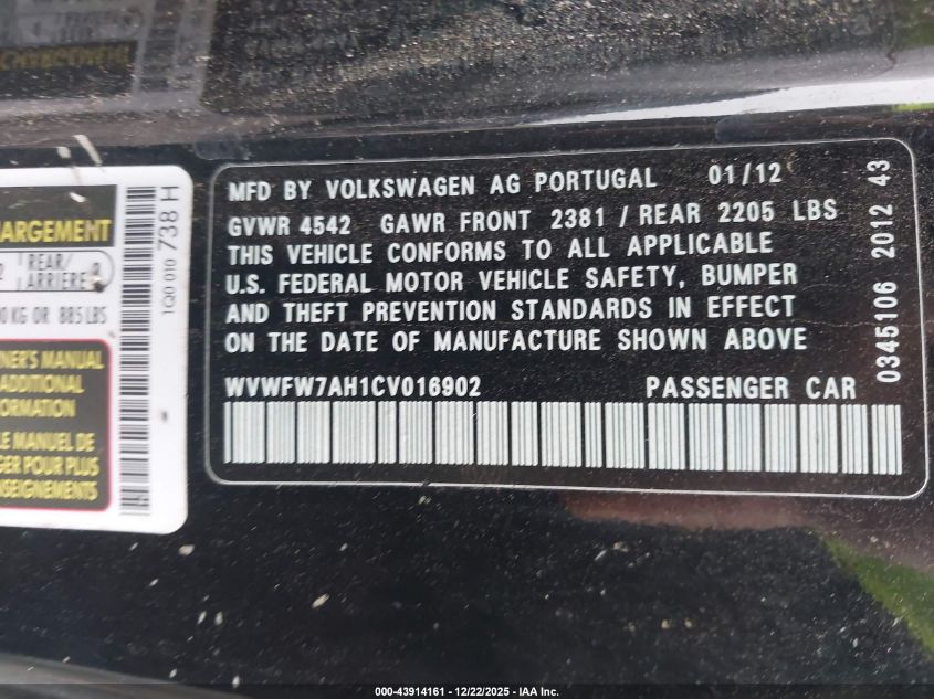 2012 Volkswagen Eos Lux VIN: WVWFW7AH1CV016902 Lot: 43914161