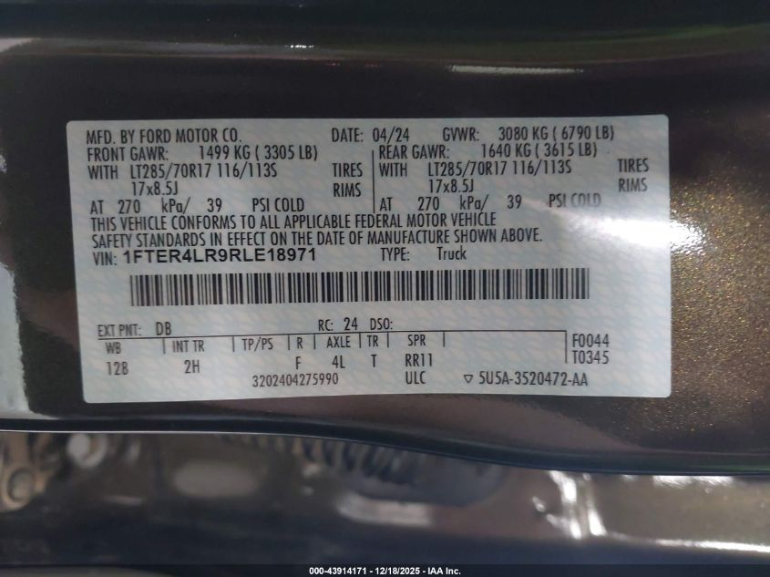 2024 Ford Ranger Raptor VIN: 1FTER4LR9RLE18971 Lot: 43914171